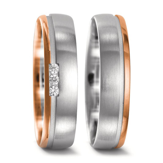 Partnerring 750/18K witgoud, 750/18K rood goud Diamant 0.045 ct, 3 Steen, w-si