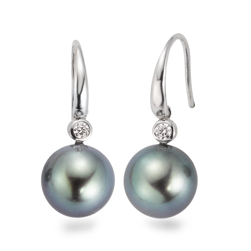 Oorbellen 750/18K witgoud Diamant 0.09 ct, 2 Steen, w-si Tahiti Parel Grijs, 2 Parels, 10 mm