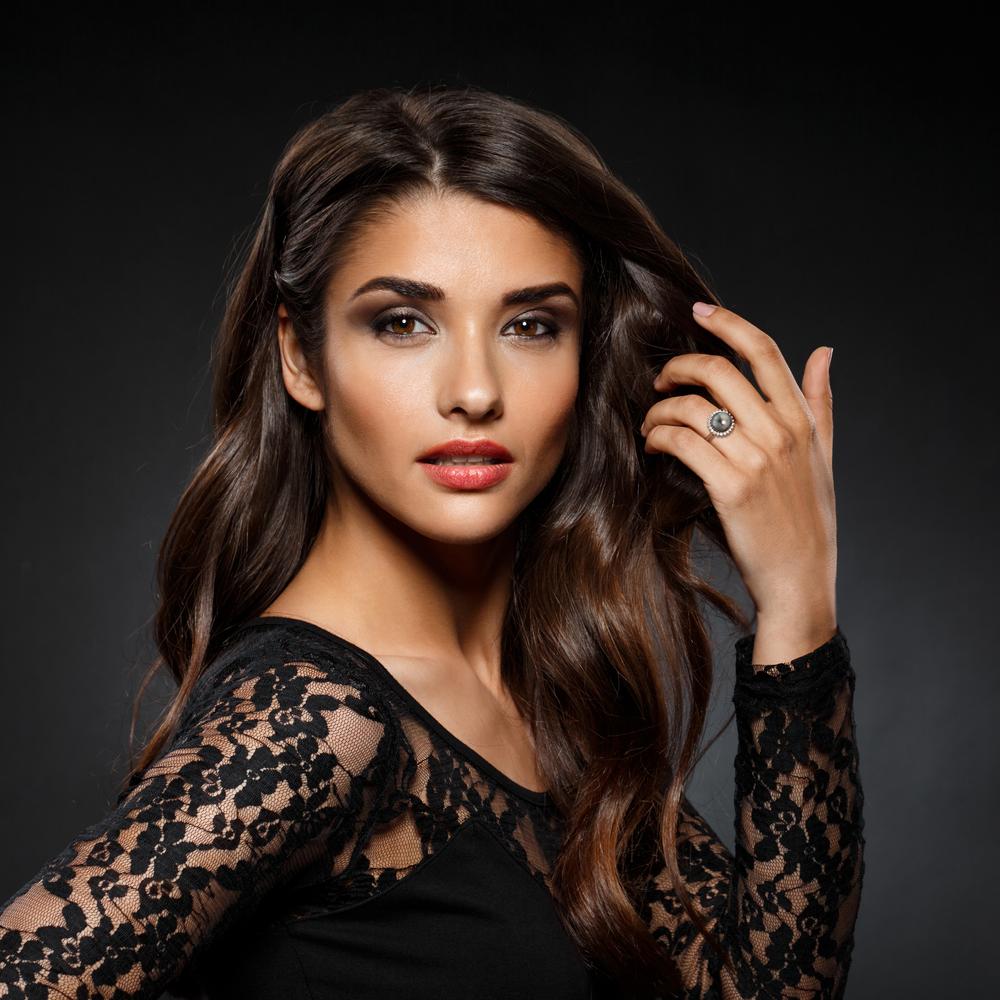 Ring 750/18K witgoud Diamant 0.27 ct, 22 Steen, w-si Tahiti Parel Grijs, 10 mm