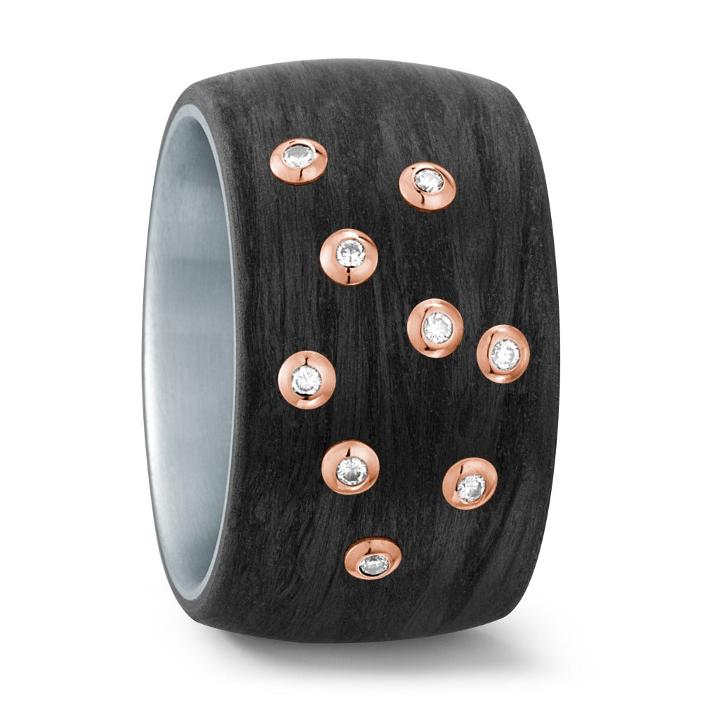 Ring Roestvrijstaal, Carbon, 750/18K rood goud Diamant wit, 0.09 ct, 9 Steen, w-si