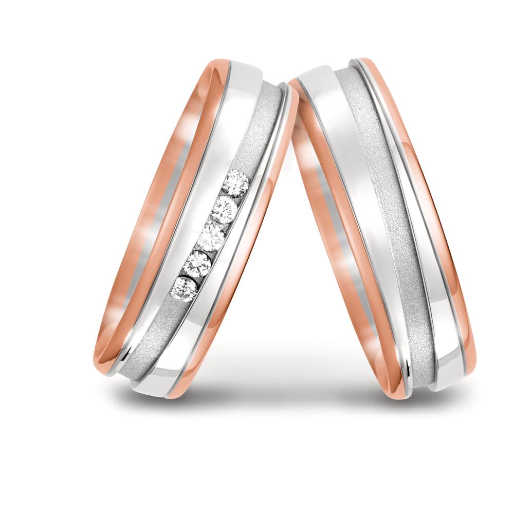 Partnerring 750/18K rood goud, 750/18K witgoud Diamant 0.10 ct, 5 Steen, w-si