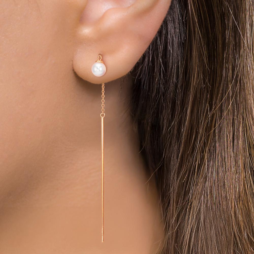 Doortrek oorbellen 750/18K rood goud Akoya Parels, 2 Parels 6-6.5 mm