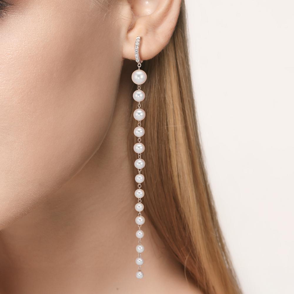 Scharnier oorringen creolen 750/18K witgoud Diamant 0.12 ct, 12 Steen, tw-si zoetwater Parel, 28 Parels