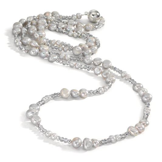 Collier Roestvrijstaal Kristal Grijs zoetwater Parel Grijs 90 cm