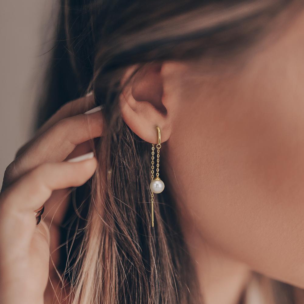 Doortrek oorbellen 375/9K geel goud zoetwater Parel, 2 Parels 5-5.5 mm