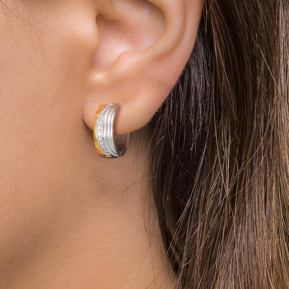 Scharnier oorringen creolen Roestvrijstaal Zirkonia wit, 24 Steen bi-color IP-gecoat