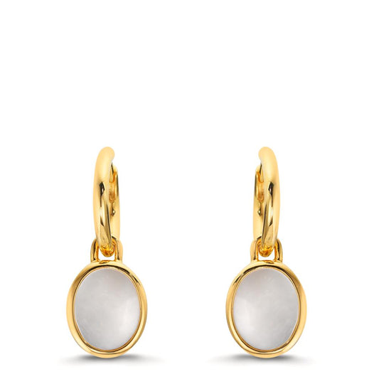 Oorringen creolen met hanger Zilver Geel Verguld Parelmoer wit, 2 Parels 9-9.5 mm Ø14 mm