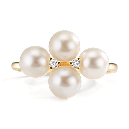 Ring 750/18K geel goud Diamant 0.30 ct, 2 Steen, w-si zoetwater Parel, 4 Parels 5.5-6 mm