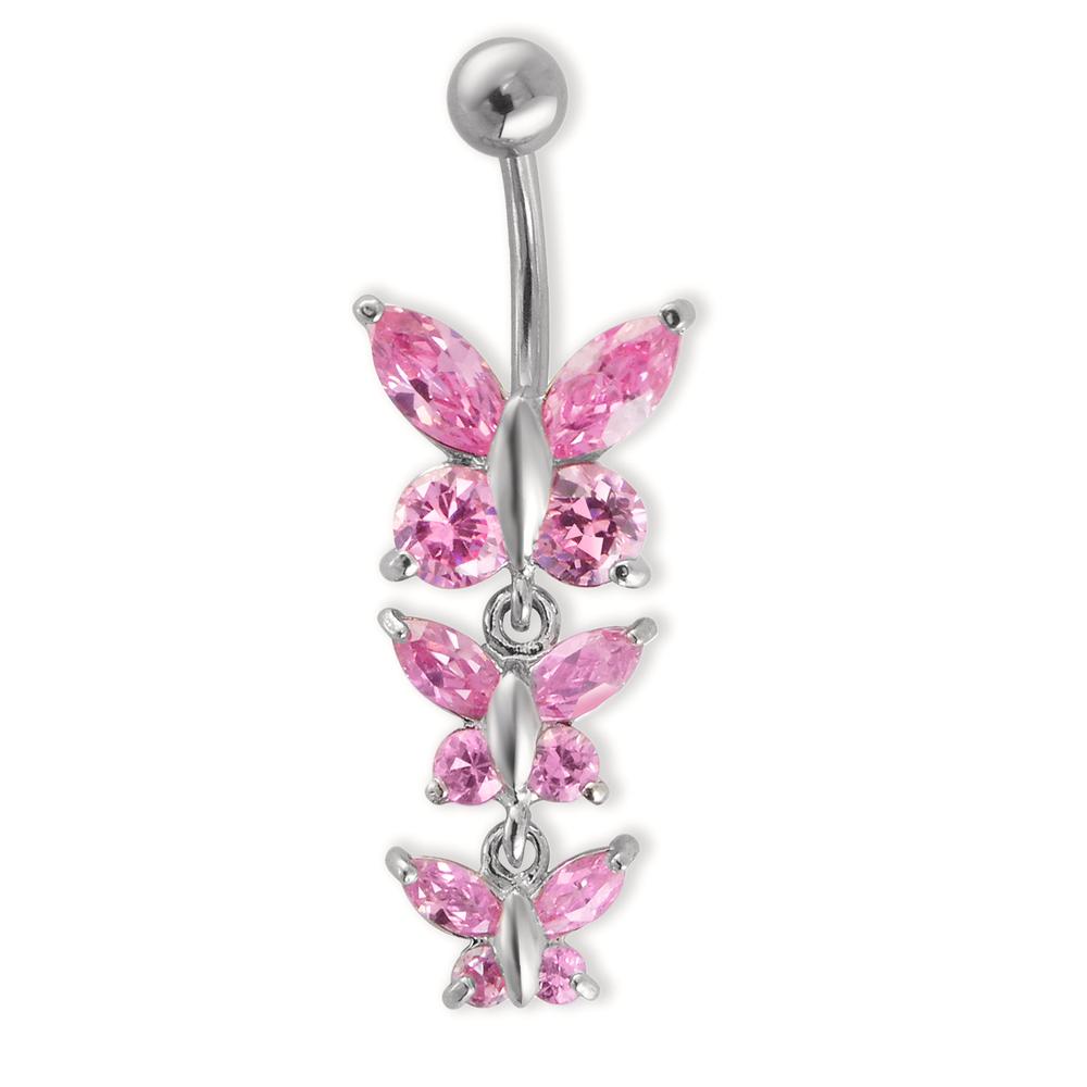 Navelpiercing Roestvrijstaal Zirkonia roze, 12 Steen Vlinder