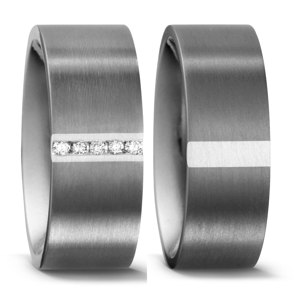 Partnerring Titanium, Zilver Diamant 0.05 ct, 5 Steen, w-si