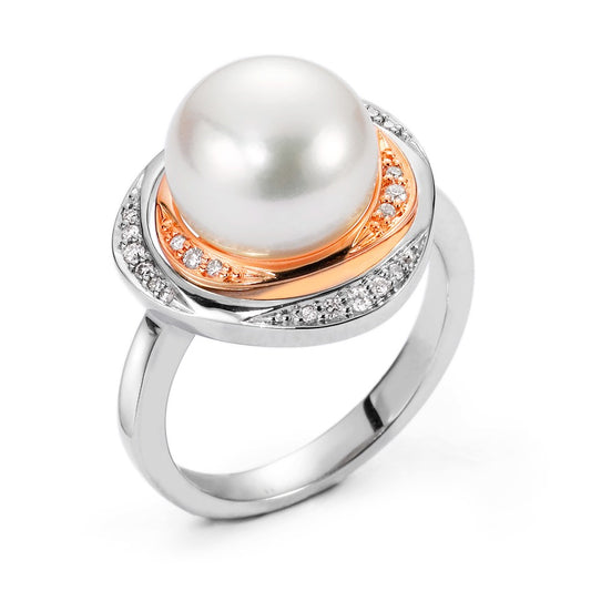 Ring 750/18K witgoud, 750/18K rood goud Diamant 0.115 ct, 23 Steen, w-si zoetwater Parel wit 10-11 mm