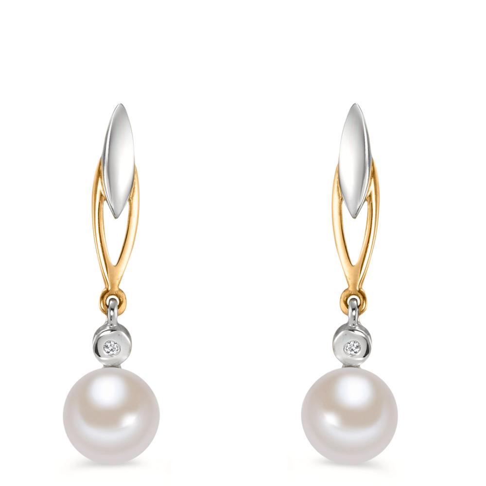 Oorbellen 375/9K geel goud Diamant 0.01 ct, 2 Steen, w-si zoetwater Parel wit, 2 Parels 6-6.5 mm