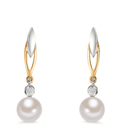 Oorbellen 375/9K geel goud Diamant 0.01 ct, 2 Steen, w-si zoetwater Parel wit, 2 Parels 6-6.5 mm