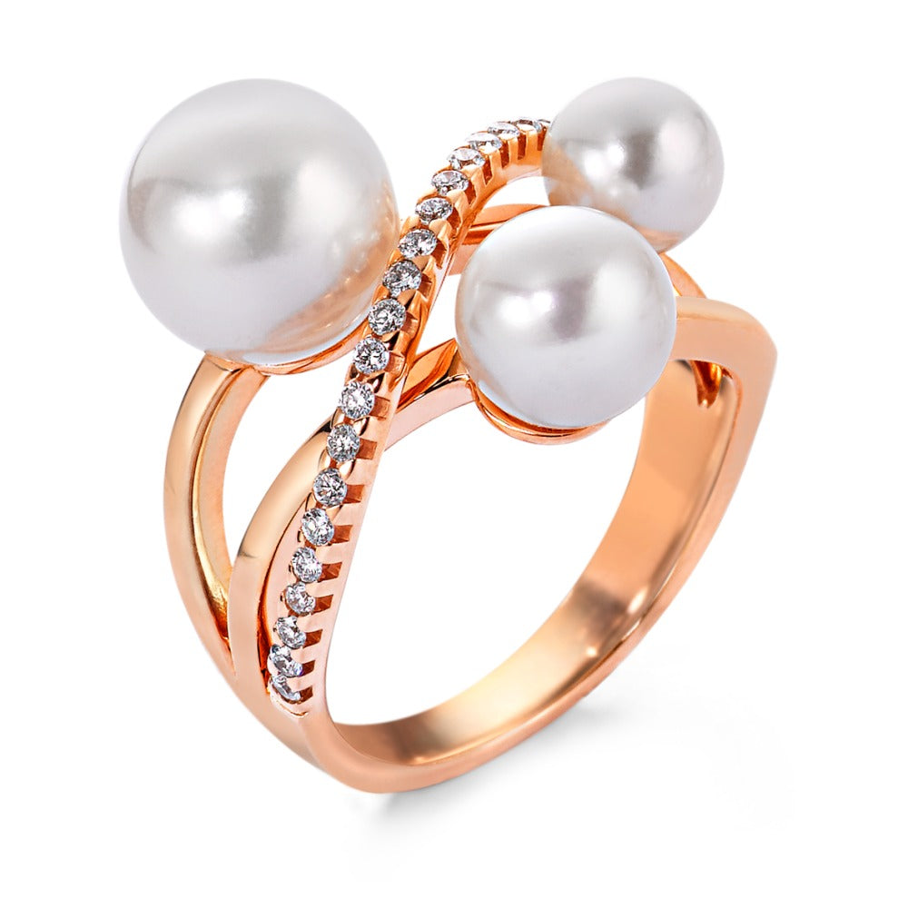 Ring 750/18K rood goud Diamant 0.18 ct, 27 Steen, w-si zoetwater Parel wit, 3 Parels 5.5-9 mm