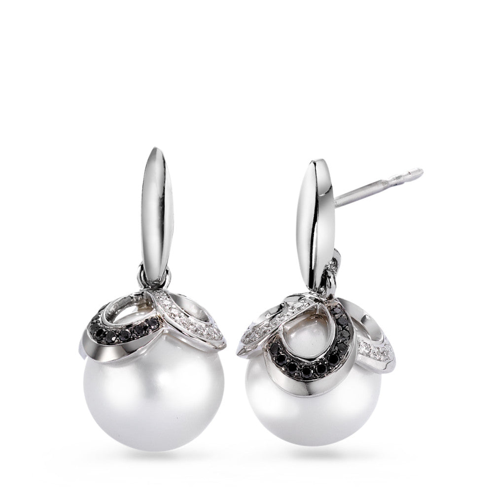Oorbellen 750/18K witgoud Diamant zwart, 0.32 ct, 80 Steen, [Brillant], tw-vsi zoetwater Parel wit, 2 Parels, 10 mm