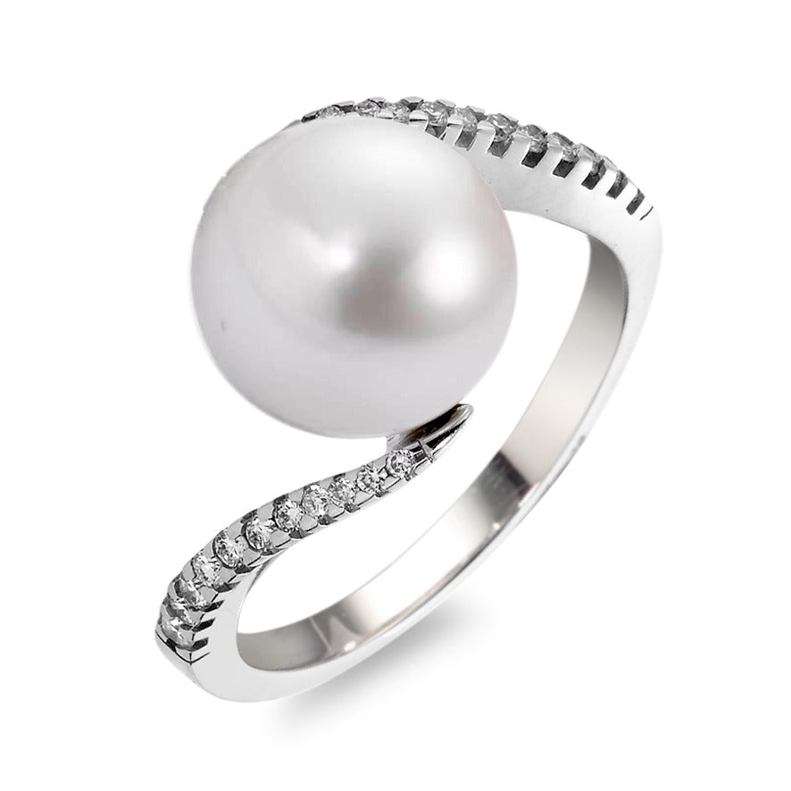 Ring 750/18K witgoud Diamant wit, 0.15 ct, 22 Steen, [Brillant], w-si zoetwater Parel, 22 Parels, 9.5 mm