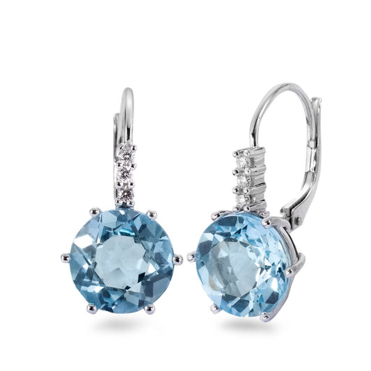 Oorbellen 750/18K witgoud Topaas blauw, 2 Steen, Diamant 0.09 ct, 6 Steen, [Brillant], w-si