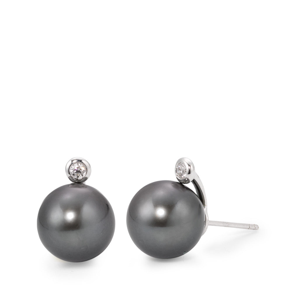 Oorknoppen 750/18K witgoud Diamant 0.09 ct, 2 Steen, w-si Tahiti Parel Grijs, 2 Parels, 12 mm