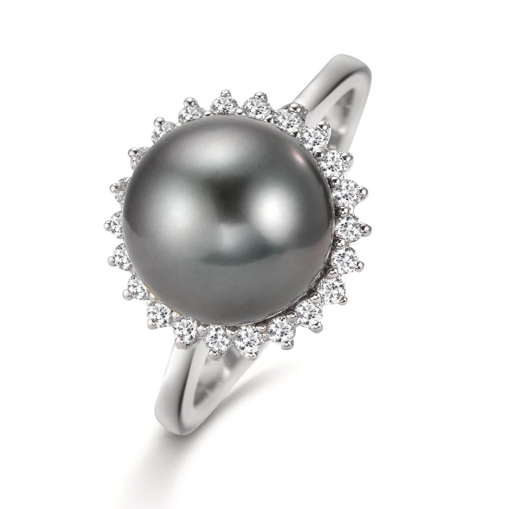 Ring 750/18K witgoud Diamant 0.27 ct, 22 Steen, w-si Tahiti Parel Grijs, 10 mm