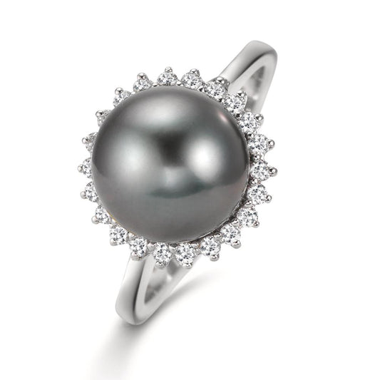 Ring 750/18K witgoud Diamant 0.27 ct, 22 Steen, w-si Tahiti Parel Grijs, 10 mm
