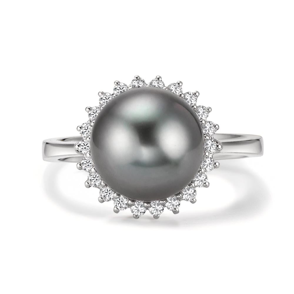 Ring 750/18K witgoud Diamant 0.27 ct, 22 Steen, w-si Tahiti Parel Grijs, 10 mm