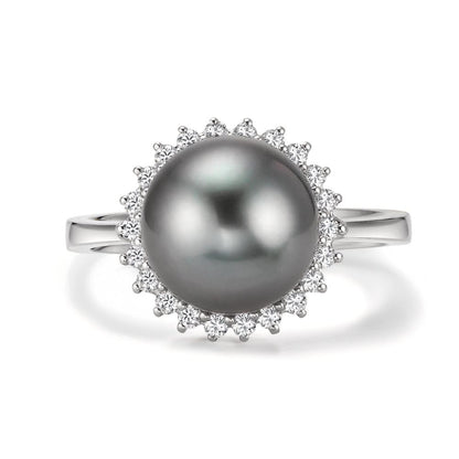 Ring 750/18K witgoud Diamant 0.27 ct, 22 Steen, w-si Tahiti Parel Grijs, 10 mm