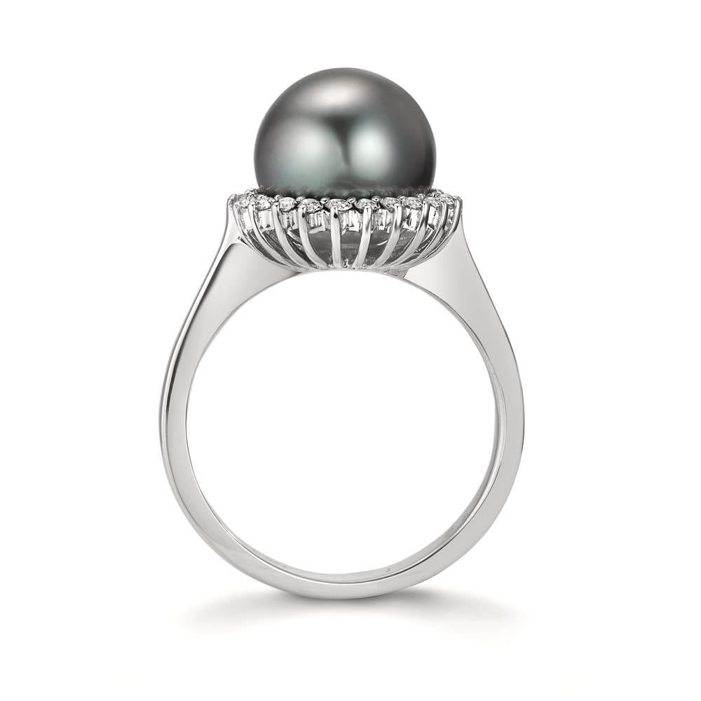 Ring 750/18K witgoud Diamant 0.27 ct, 22 Steen, w-si Tahiti Parel Grijs, 10 mm