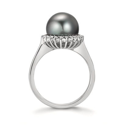 Ring 750/18K witgoud Diamant 0.27 ct, 22 Steen, w-si Tahiti Parel Grijs, 10 mm