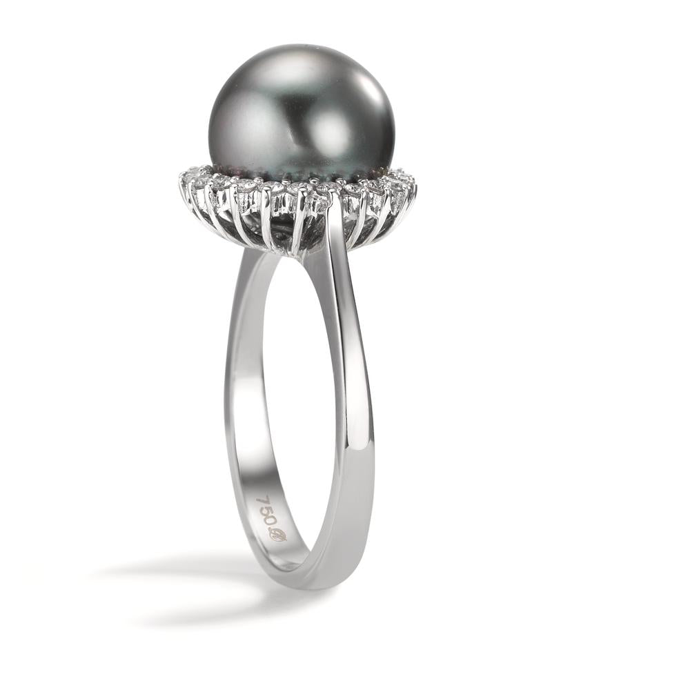 Ring 750/18K witgoud Diamant 0.27 ct, 22 Steen, w-si Tahiti Parel Grijs, 10 mm