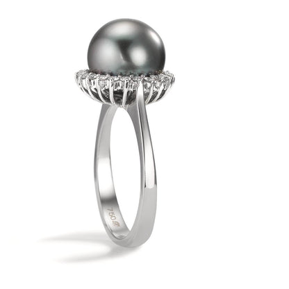 Ring 750/18K witgoud Diamant 0.27 ct, 22 Steen, w-si Tahiti Parel Grijs, 10 mm