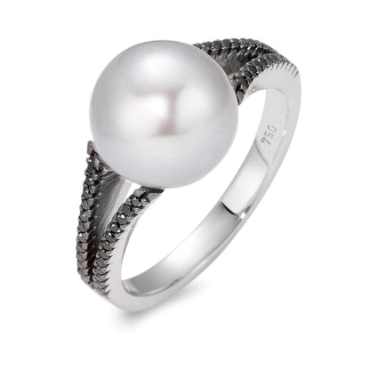 Ring 750/18K witgoud Diamant zwart, 0.19 ct, 48 Steen, [Achtkant] zoetwater Parel, 10.5 mm