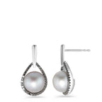 Oorbellen 750/18K witgoud Diamant zwart, 0.24 ct, 62 Steen, [Achtkant] zoetwater Parel wit, 2 Parels, 8.5 mm
