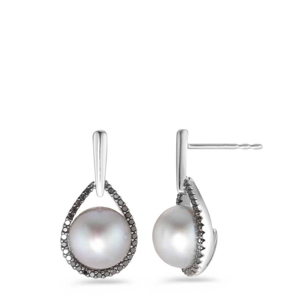 Oorbellen 750/18K witgoud Diamant zwart, 0.24 ct, 62 Steen, [Achtkant] zoetwater Parel wit, 2 Parels, 8.5 mm