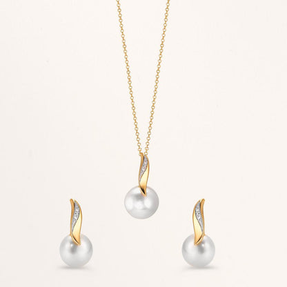 Oorknoppen 750/18K geel goud Diamant wit, 0.10 ct, 2 Steen, [Brillant], w-si zoetwater Parel wit, 2 Parels, 7 mm