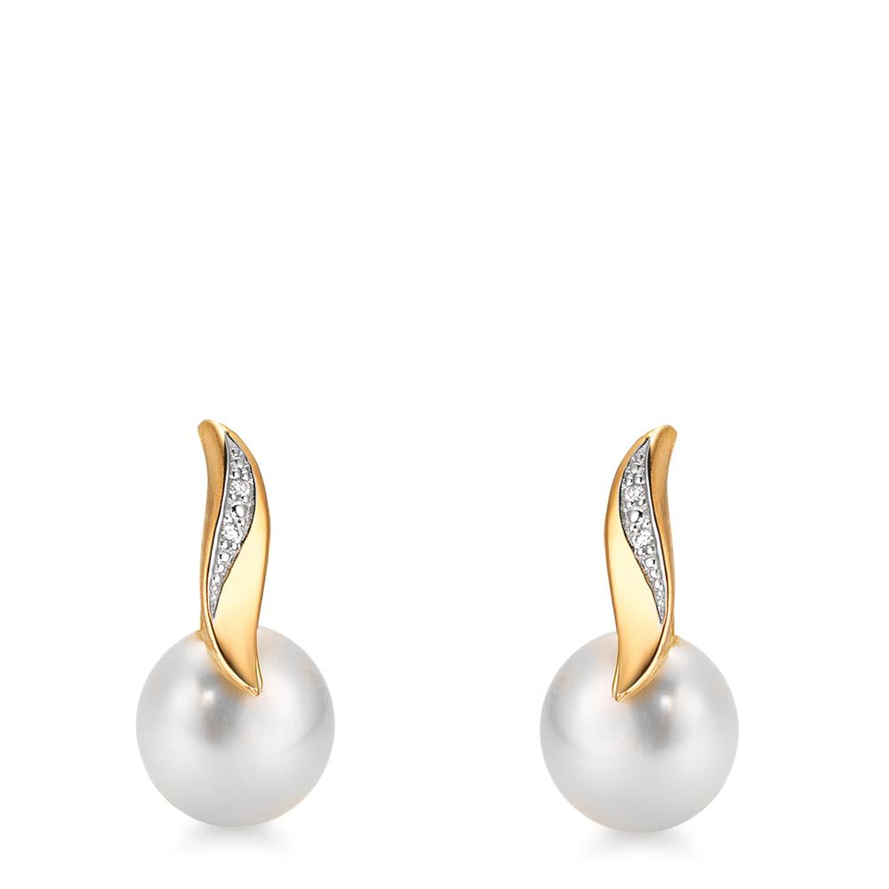 Oorknoppen 750/18K geel goud Diamant wit, 0.10 ct, 2 Steen, [Brillant], w-si zoetwater Parel wit, 2 Parels, 7 mm