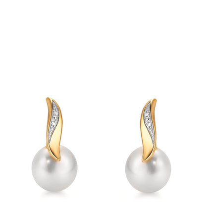 Oorknoppen 750/18K geel goud Diamant wit, 0.10 ct, 2 Steen, [Brillant], w-si zoetwater Parel wit, 2 Parels, 7 mm