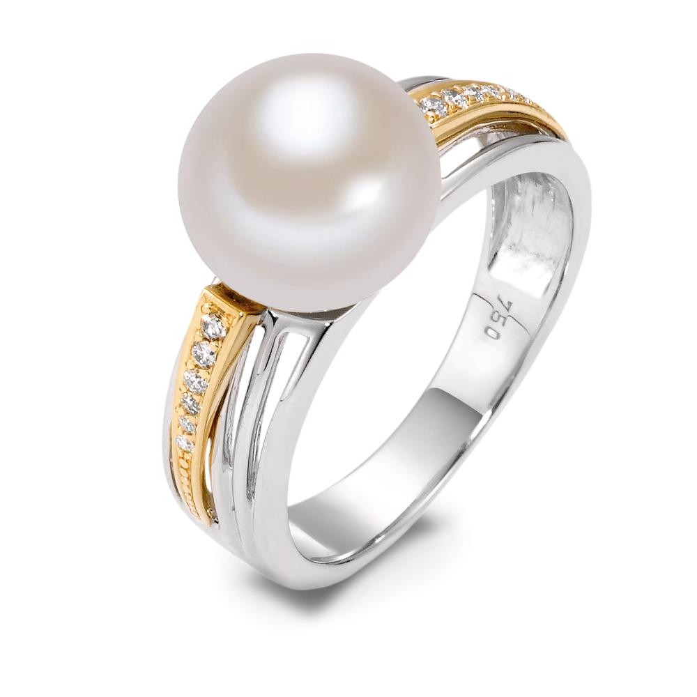 Ring 750/18K geel goud, 750/18K witgoud Diamant wit, 0.06 ct, 12 Steen, [Brillant], w-si zoetwater Parel wit 9.5-10 mm