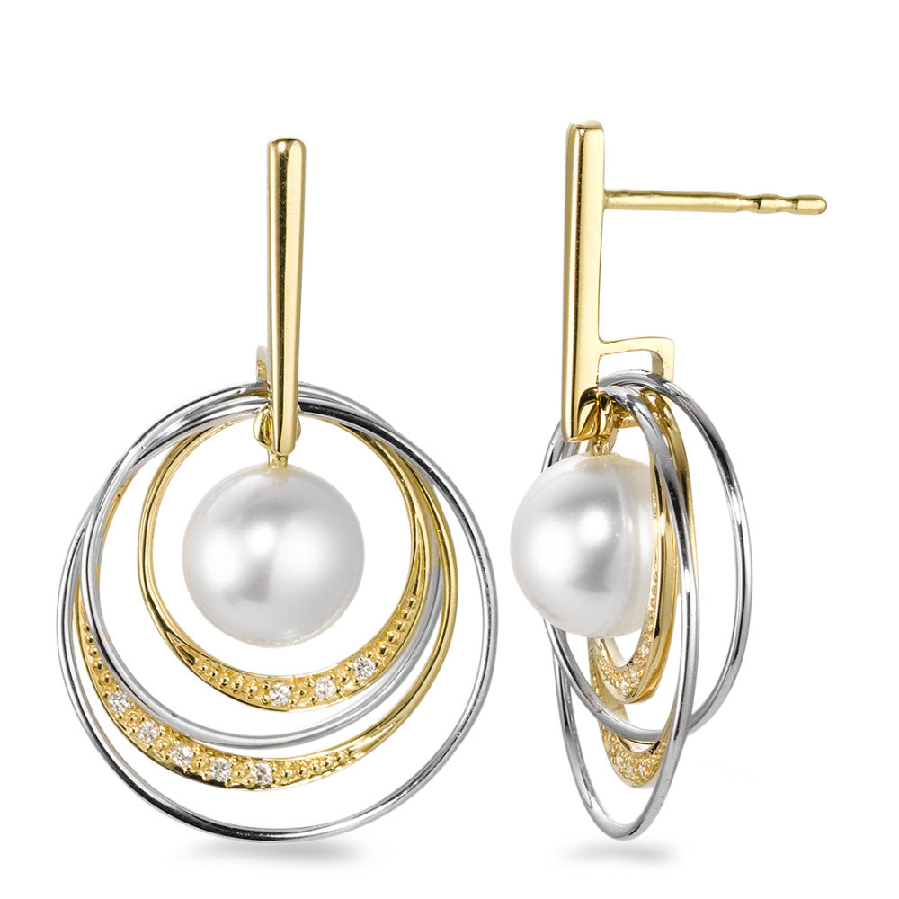 Oorbellen 750/18K geel goud, 750/18K witgoud Diamant wit, 0.05 ct, 16 Steen, [Brillant], w-si zoetwater Parel, 7.5 mm