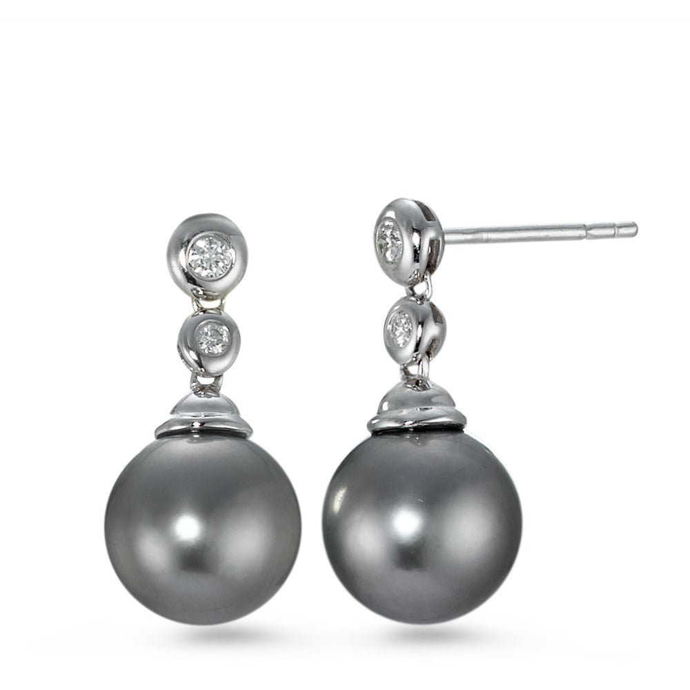 Oorbellen 750/18K witgoud Diamant 0.09 ct, 4 Steen, w-si Tahiti Parel Grijs, 2 Parels, 10 mm