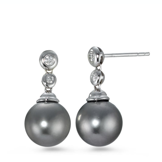 Oorbellen 750/18K witgoud Diamant 0.09 ct, 4 Steen, w-si Tahiti Parel Grijs, 2 Parels, 10 mm