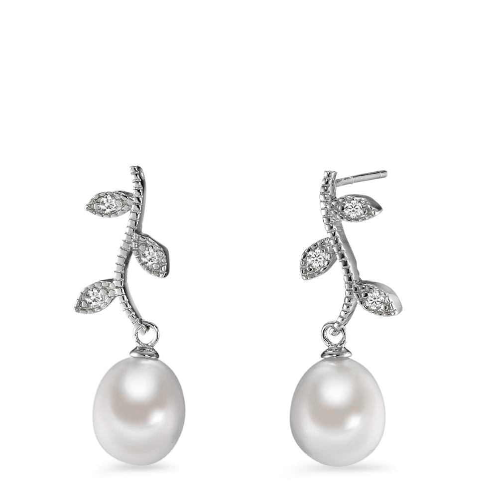 Oorbellen Zilver Zirkonia 6 Steen Gerhodineerd zoetwater Parel, 8.5 mm