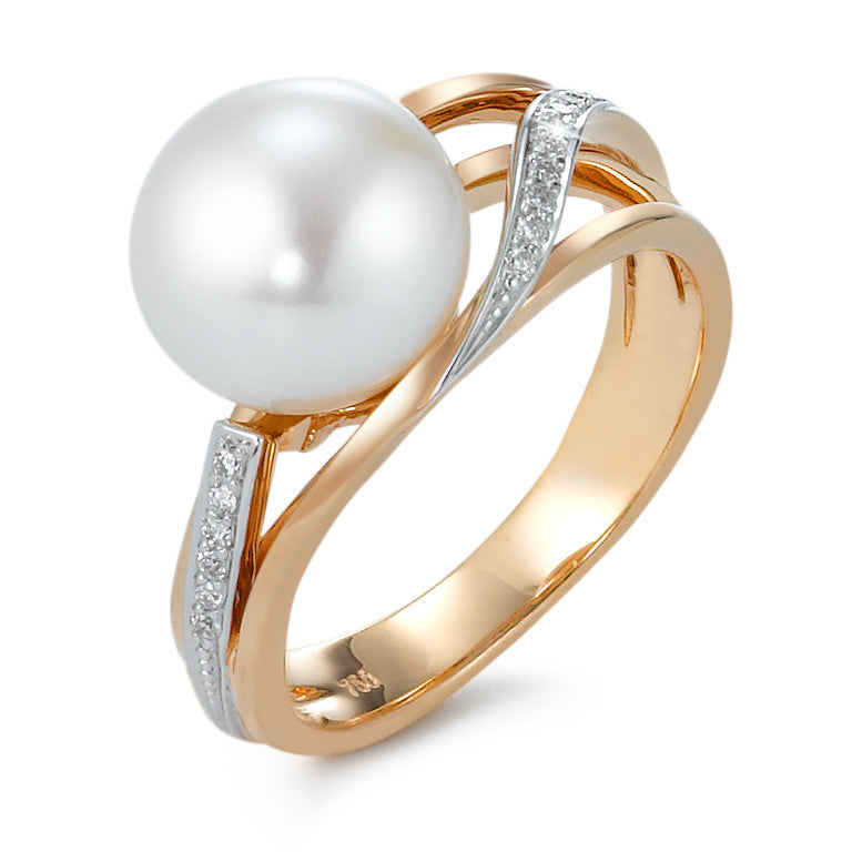 Ring 750/18K rood goud Diamant 0.08 ct, 16 Steen, [Brillant], w-si zoetwater Parel 9.5-10 mm