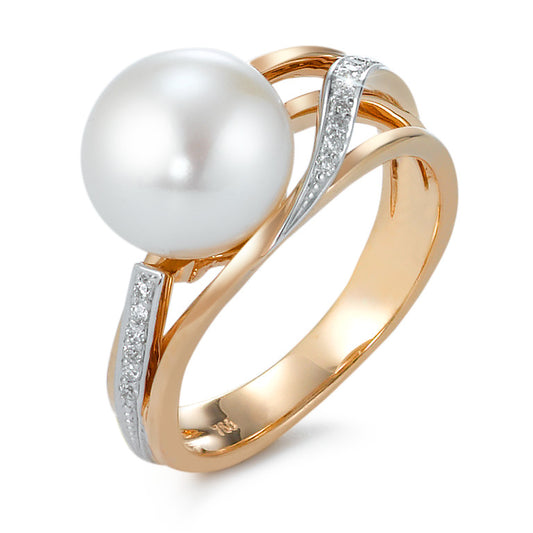 Ring 750/18K rood goud Diamant 0.08 ct, 16 Steen, [Brillant], w-si zoetwater Parel 9.5-10 mm