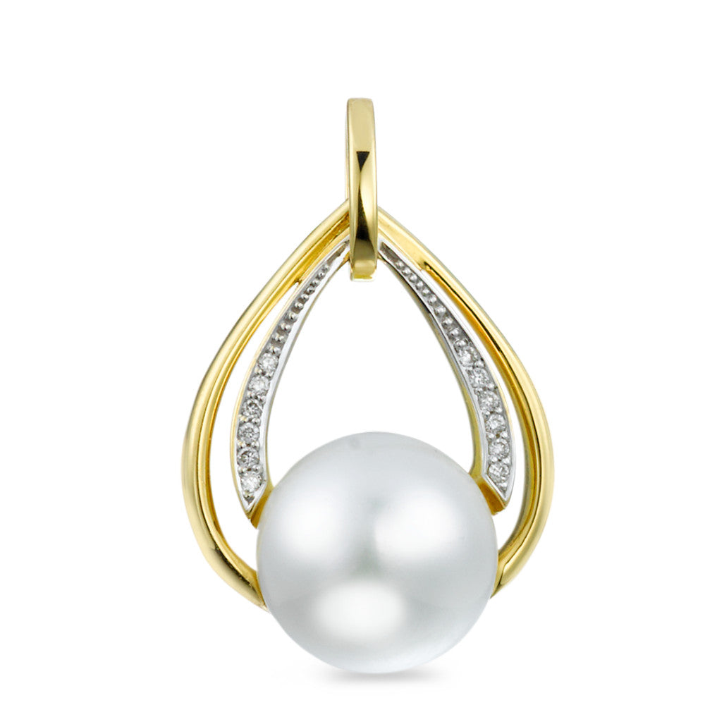 Hanger 750/18K geel goud Diamant 0.05 ct, 12 Steen, [Brillant], w-si zoetwater Parel wit, 10.5 mm
