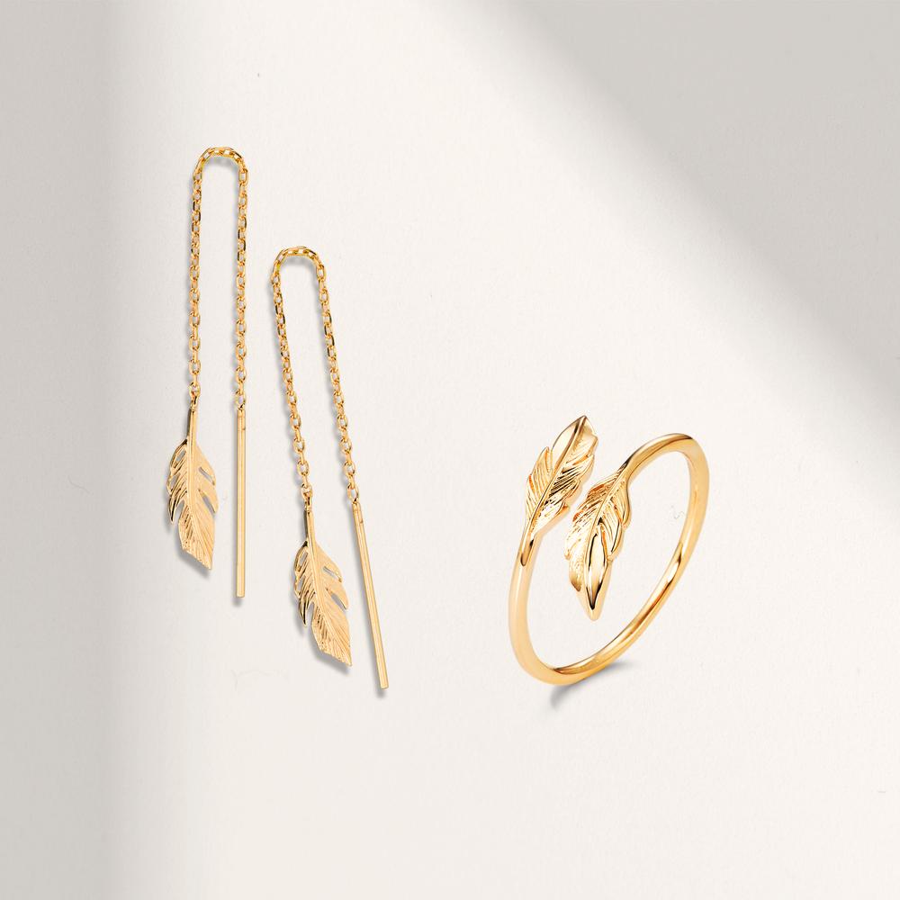 Doortrek oorbellen Brons Geel Verguld Veer