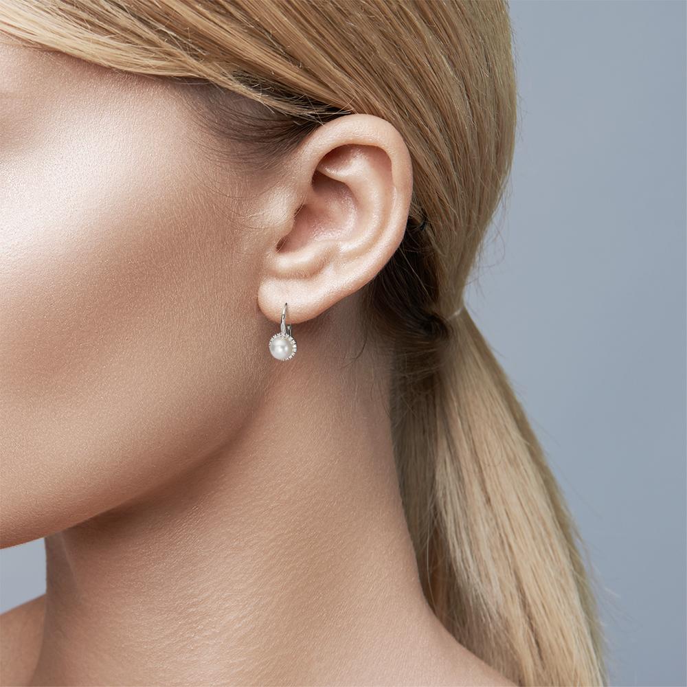 Oorbellen 750/18K witgoud Diamant 0.36 ct, w-si zoetwater Parel wit, 8 mm