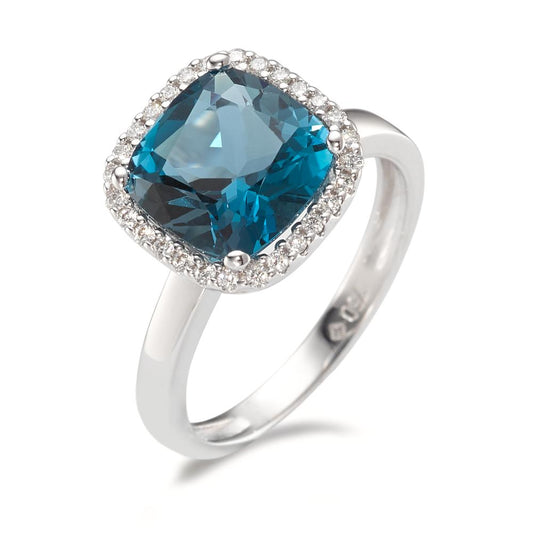 Ring 750/18K witgoud Londen blauw Topaas, Diamant 0.14 ct, 28 Steen, [Brillant], w-si
