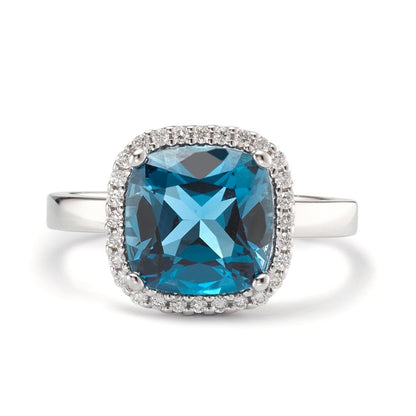 Ring 750/18K witgoud Londen blauw Topaas, Diamant 0.14 ct, 28 Steen, [Brillant], w-si