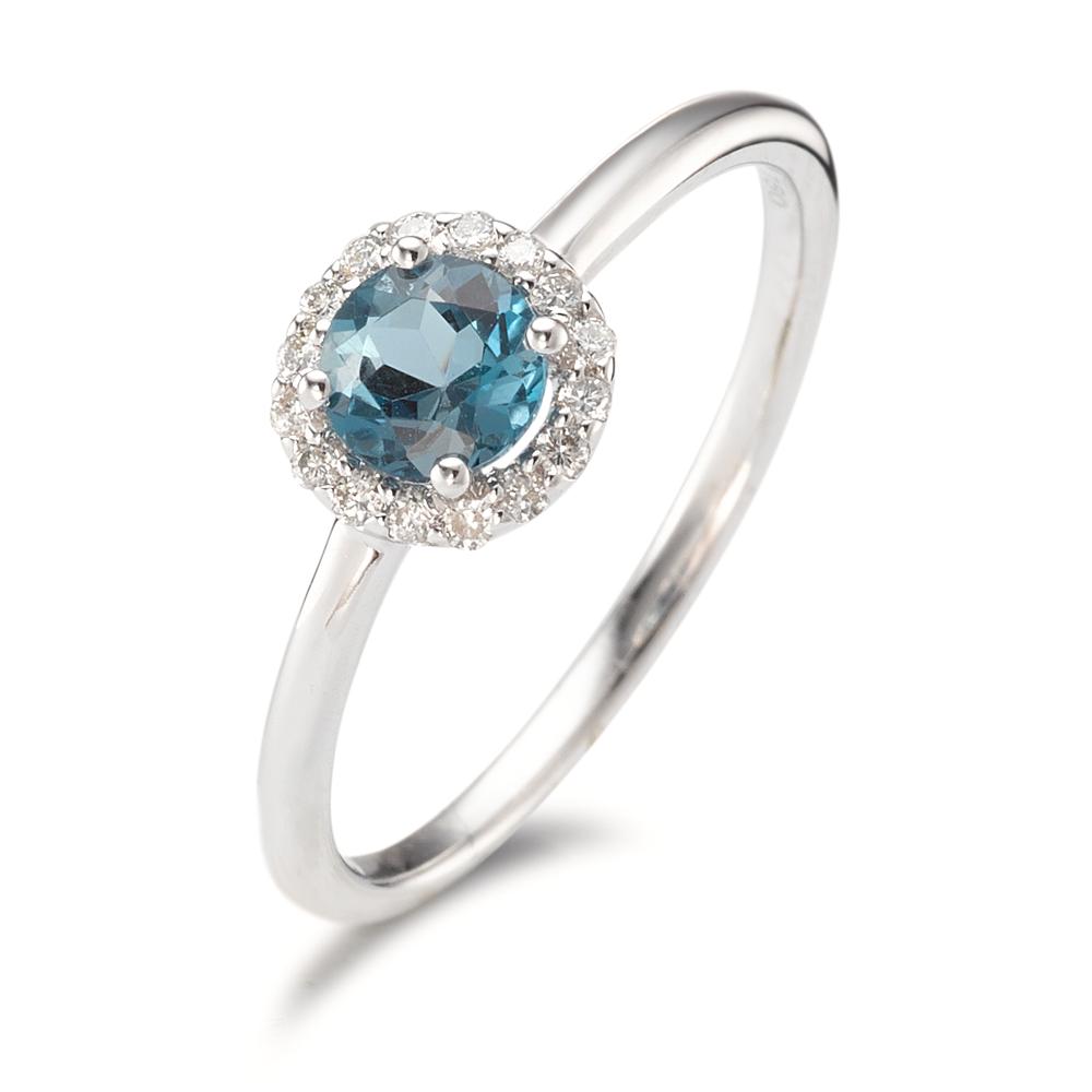 Ring 750/18K witgoud Londen blauw Topaas, Diamant 0.11 ct, 16 Steen, [Brillant], w-si