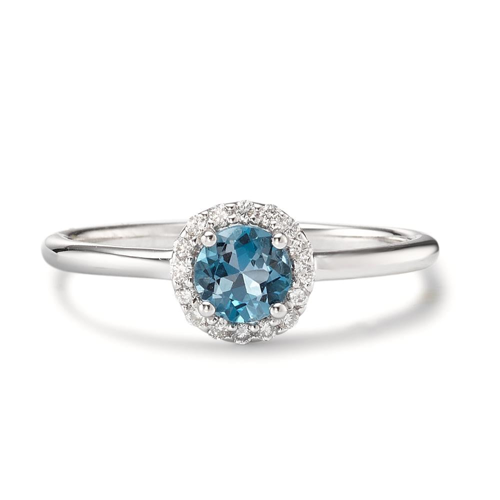 Ring 750/18K witgoud Londen blauw Topaas, Diamant 0.11 ct, 16 Steen, [Brillant], w-si